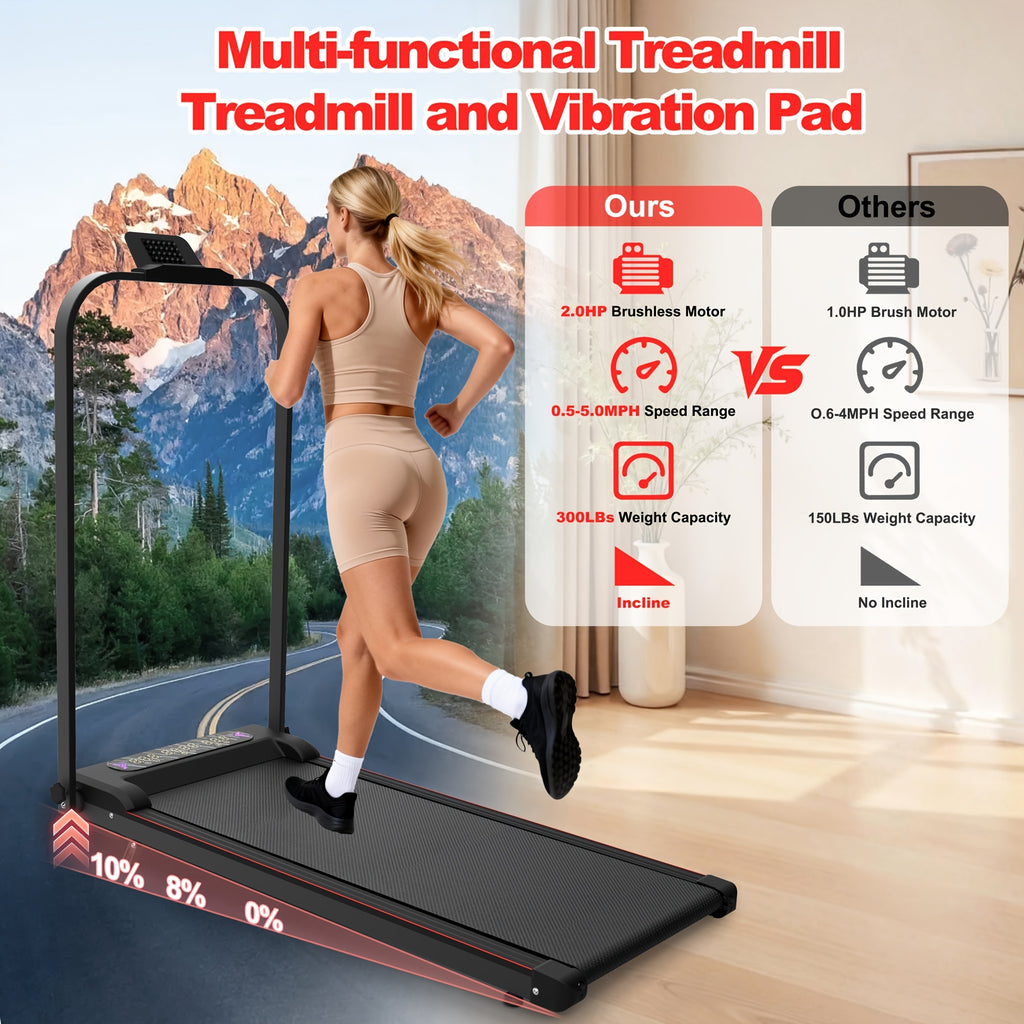 Foldable Treadmill with Handle Bar & Incline, 2in 1 Upgrade Portable Under Desk Walking Pad And Vibration Pad with Remote Control for Home Office Small Spaces