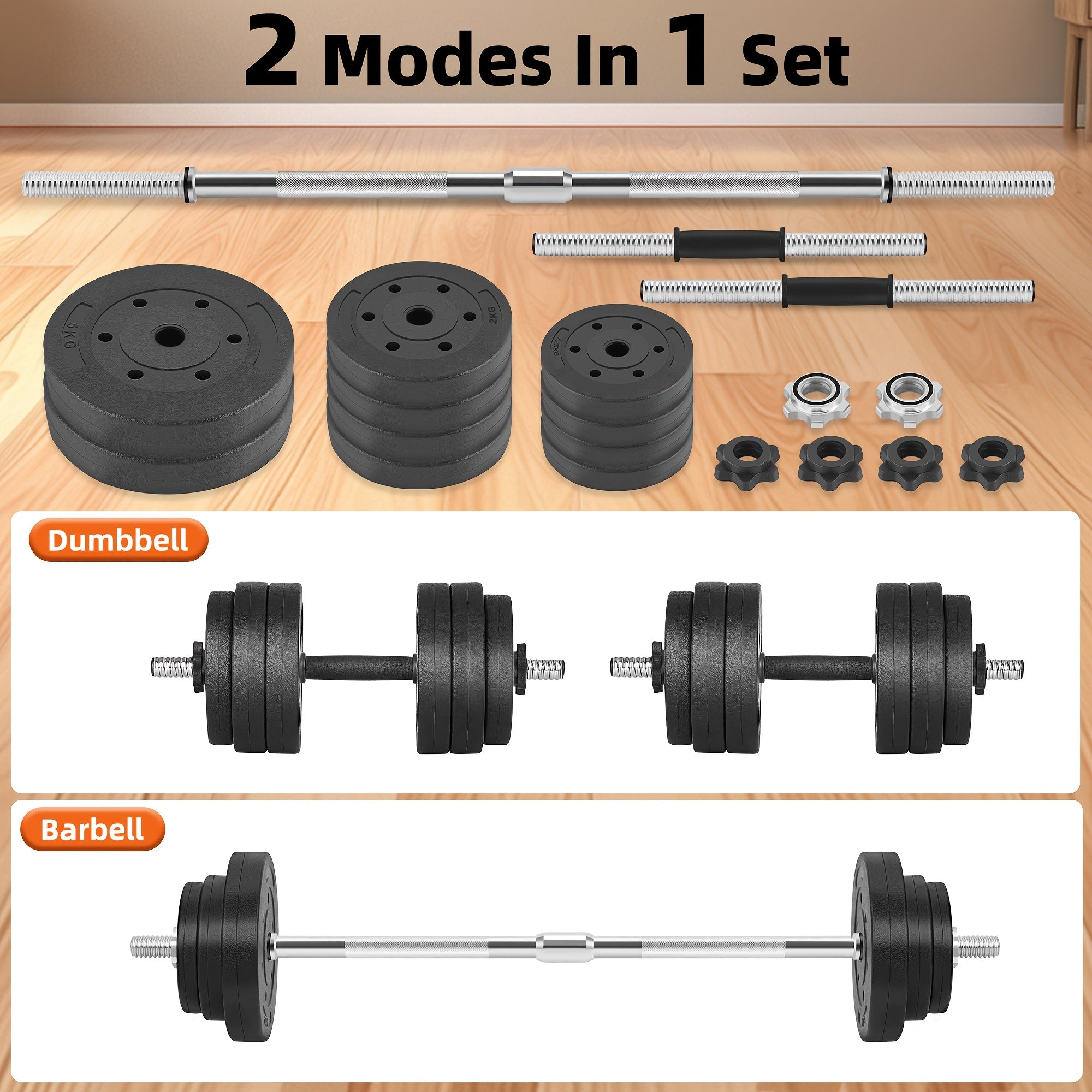 70LB 2 In 1 Adjustable Dumbbell Set With Connecting Rod, Lifting Dumbbells Used As Barbell For Whole Body Workouts