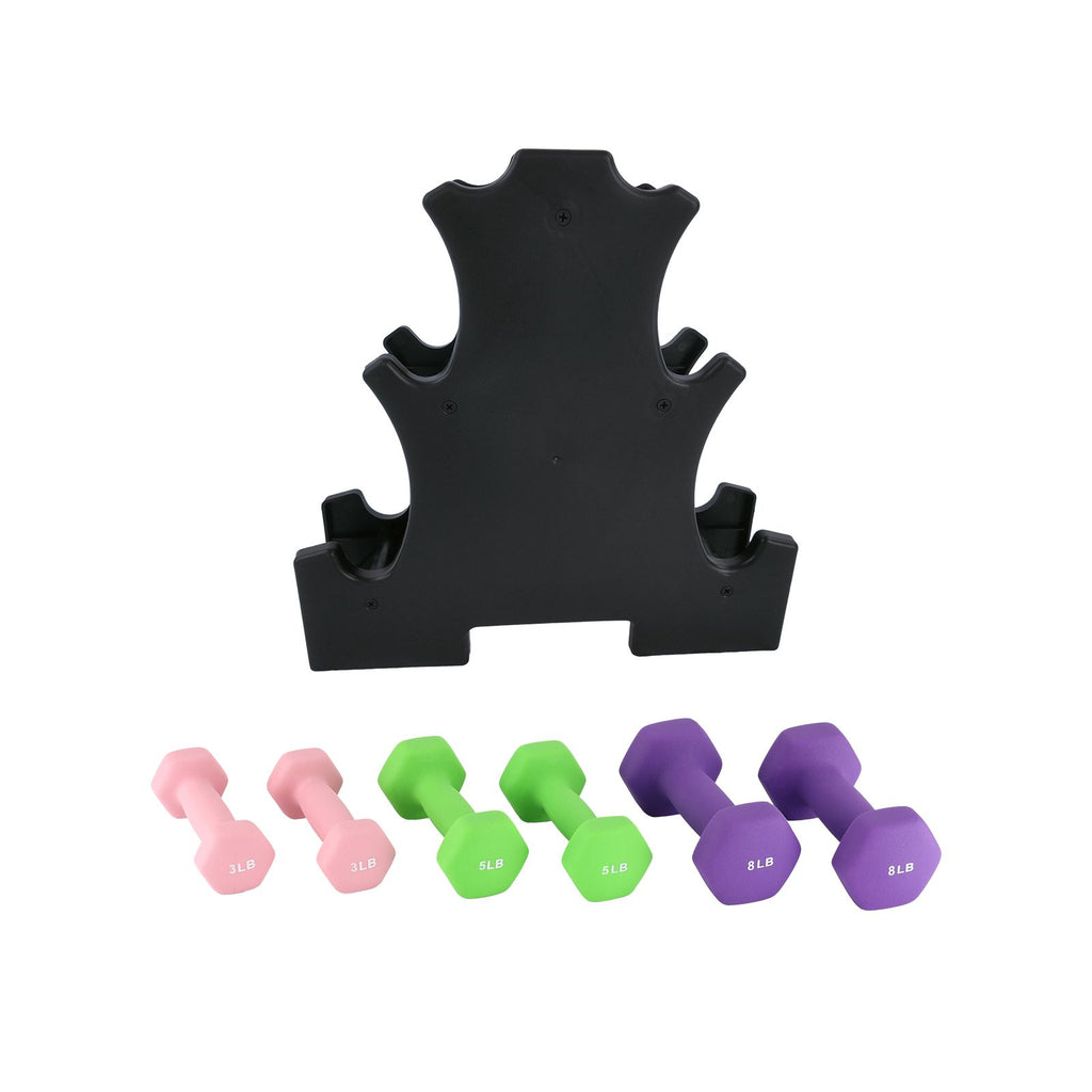 Neoprene Hexagon Dumbbell Hand Weights Set for Women - Non-Slip Grip Pairs in 3, 5, and 8 Lbs with Storage Rack Stand for Home Gym Workouts
