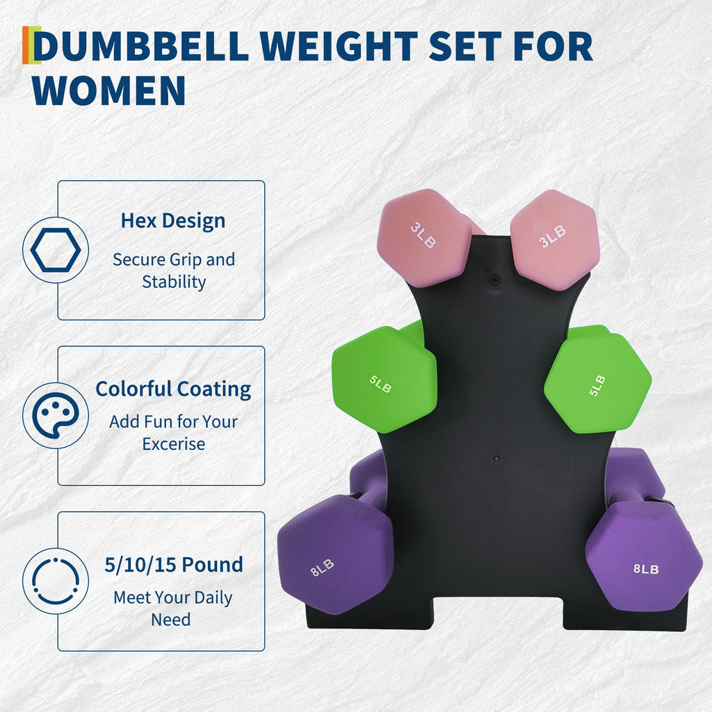 Neoprene Hexagon Dumbbell Hand Weights Set for Women - Non-Slip Grip Pairs in 3, 5, and 8 Lbs with Storage Rack Stand for Home Gym Workouts