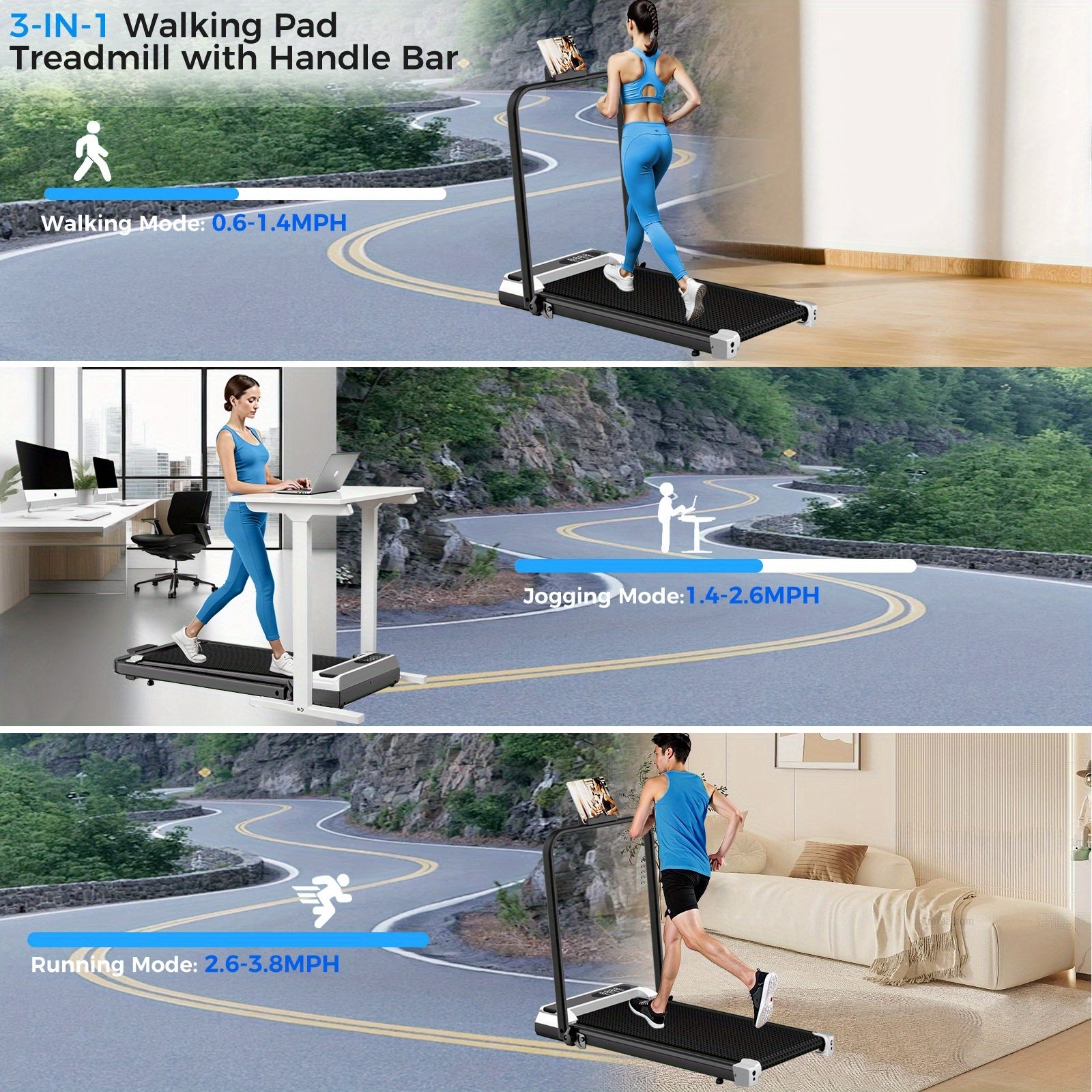 AITEID Walking Pad, 2.5 HP Under Desk, 2in 1 Foldable for Home, Walking Pad with Handle Bar, Widened Running Belt with Remote Control & LED Screen