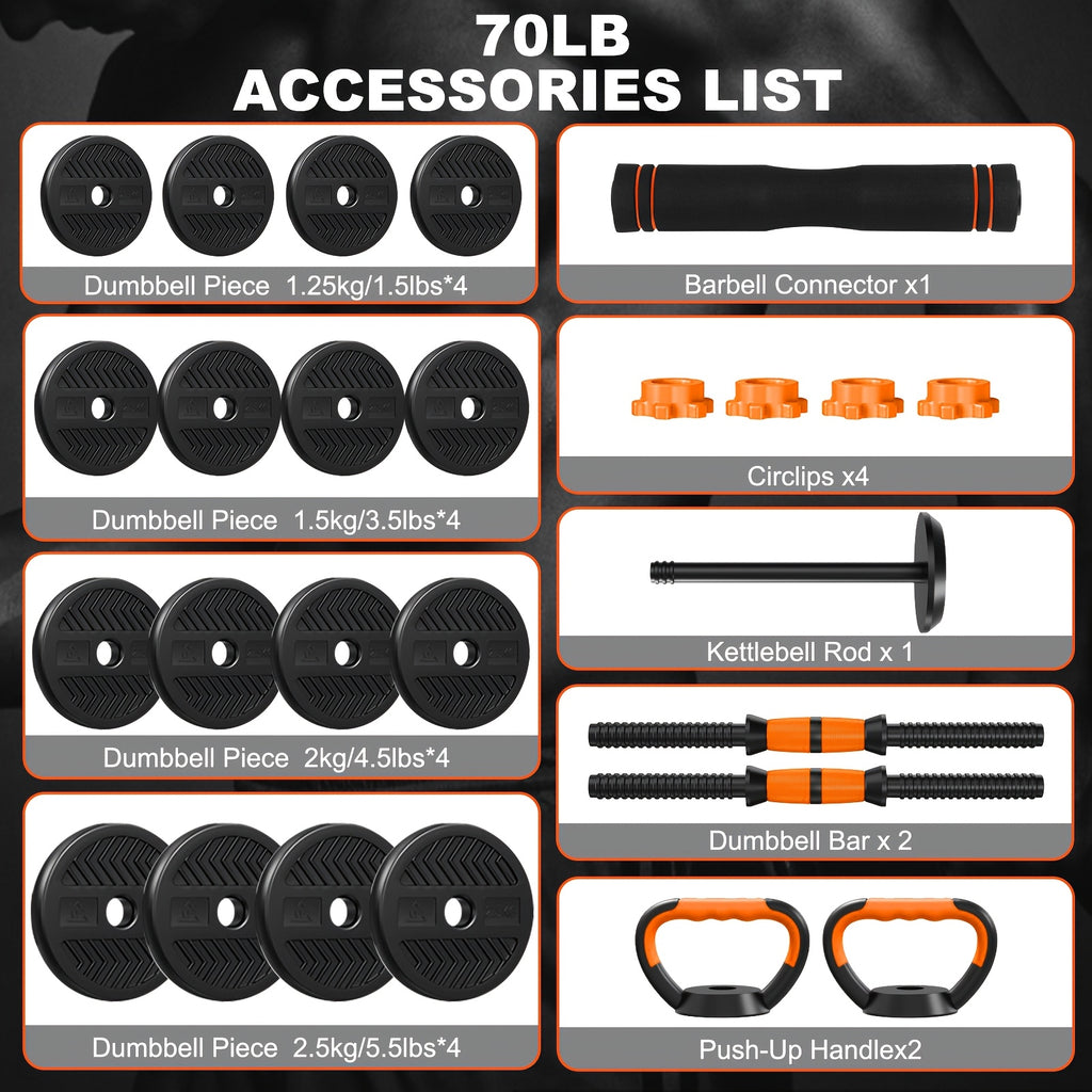 70Lb Adjustable Dumbbell Set, Versatile Weight Combination with Connectors to Support 4-in-1 Design: Dumbbells, Barbells, Kettlebells And Push-up Stand - Perfect for Home Gym