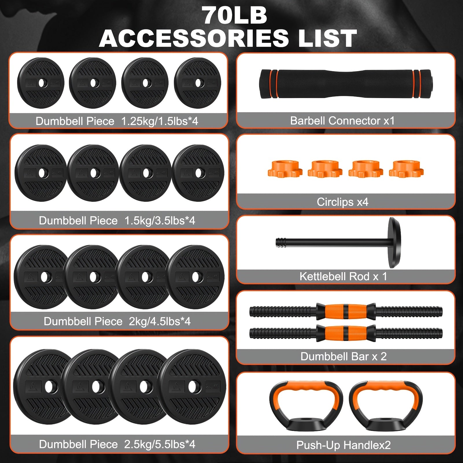 70Lb Adjustable Dumbbell Set, Versatile Weight Combination with Connectors to Support 4-in-1 Design: Dumbbells, Barbells, Kettlebells And Push-up Stand - Perfect for Home Gym
