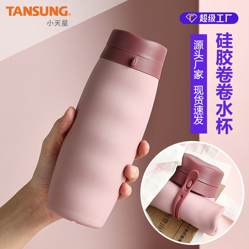 Spot Portable Sports Kettle 20.29oz High Temperature Resistant Silicone Folding Roll Cup Outdoor Travel Water Cup Wholesale