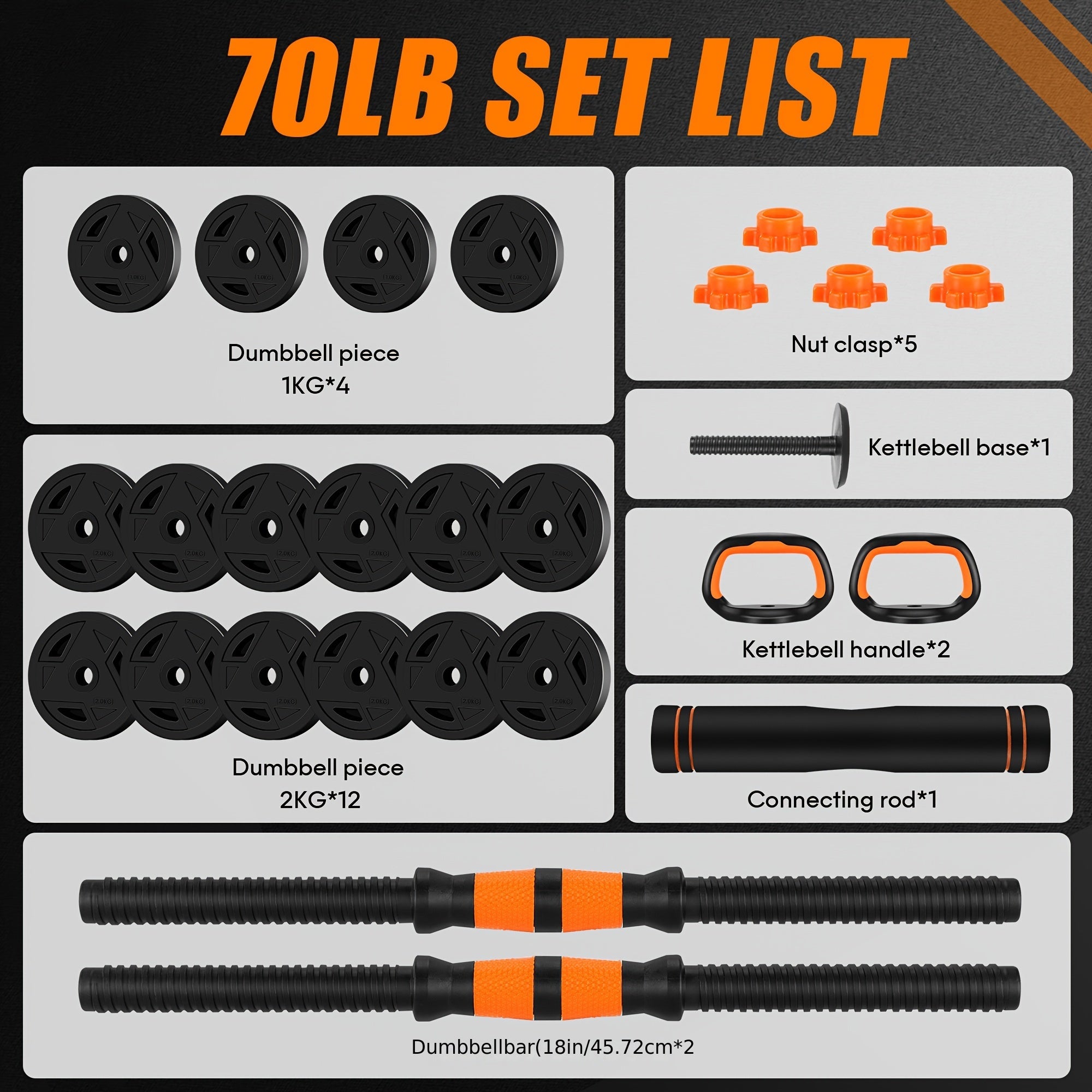 70Lb Adjustable Dumbbell Set, Versatile Weight Combination with Connectors to Support 4-in-1 Design: Dumbbells, Barbells, Kettlebells And Push-up Stand - Perfect for Home Gym