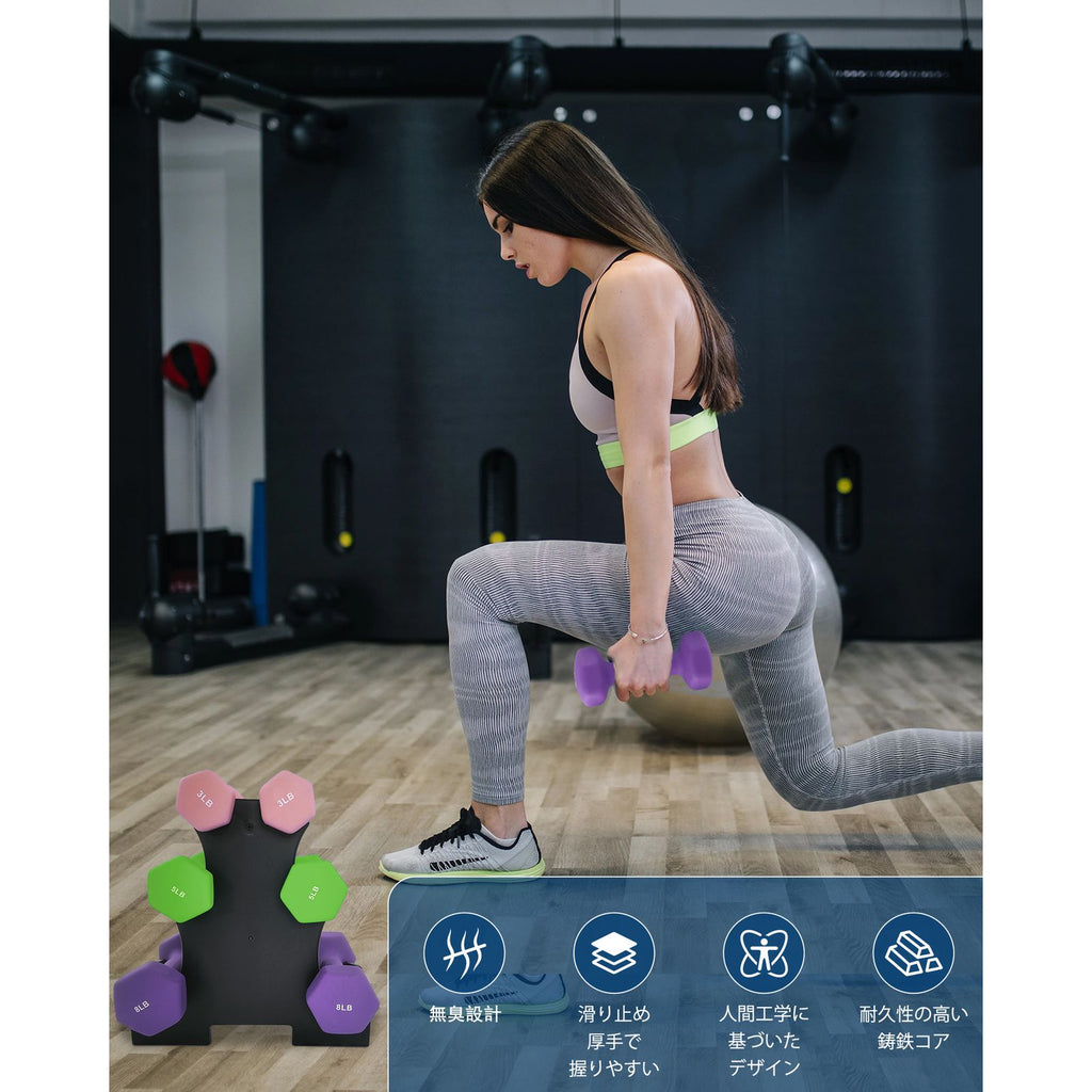 Neoprene Hexagon Dumbbell Hand Weights Set for Women - Non-Slip Grip Pairs in 3, 5, and 8 Lbs with Storage Rack Stand for Home Gym Workouts