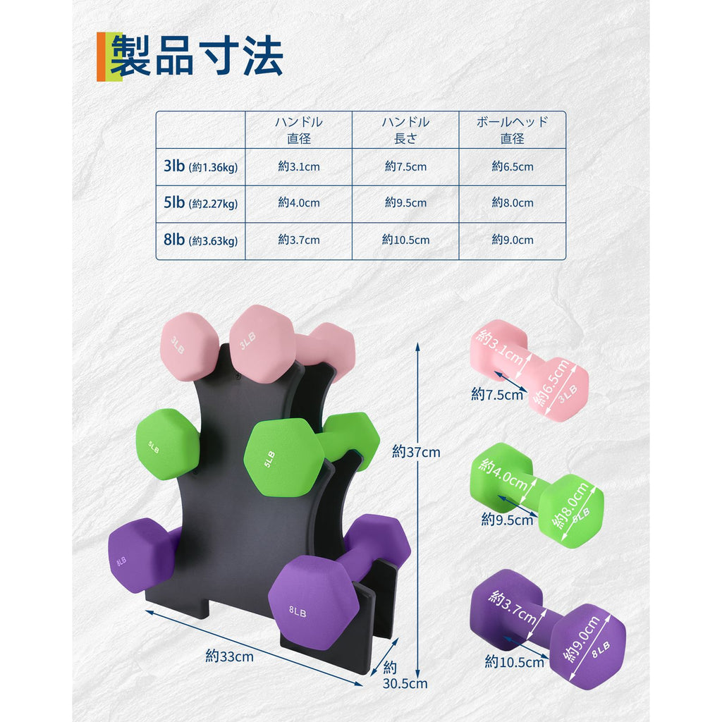 Neoprene Hexagon Dumbbell Hand Weights Set for Women - Non-Slip Grip Pairs in 3, 5, and 8 Lbs with Storage Rack Stand for Home Gym Workouts