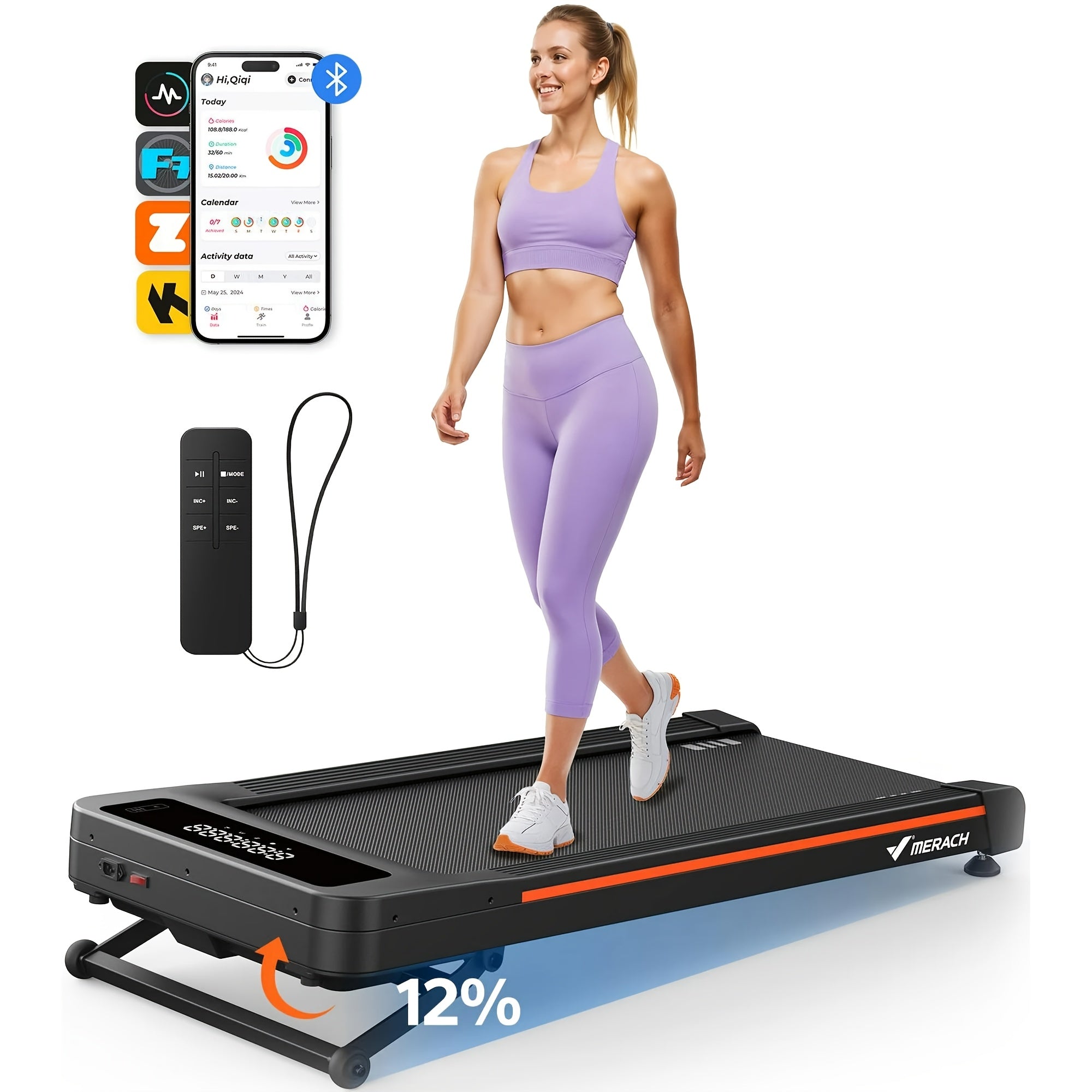 MERACH W50 Treadmill Featuring a 12% Automatic Incline, a 3.5 HP Motor Designed for Under-Desk Use, Capable of Supporting Up to 400 Lbs, Equipped with Remote Control And App Functionality