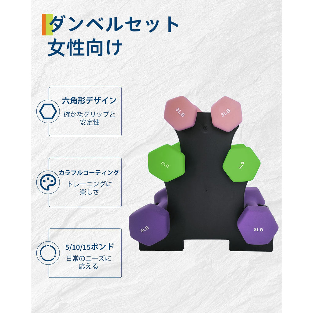 Neoprene Hexagon Dumbbell Hand Weights Set for Women - Non-Slip Grip Pairs in 3, 5, and 8 Lbs with Storage Rack Stand for Home Gym Workouts