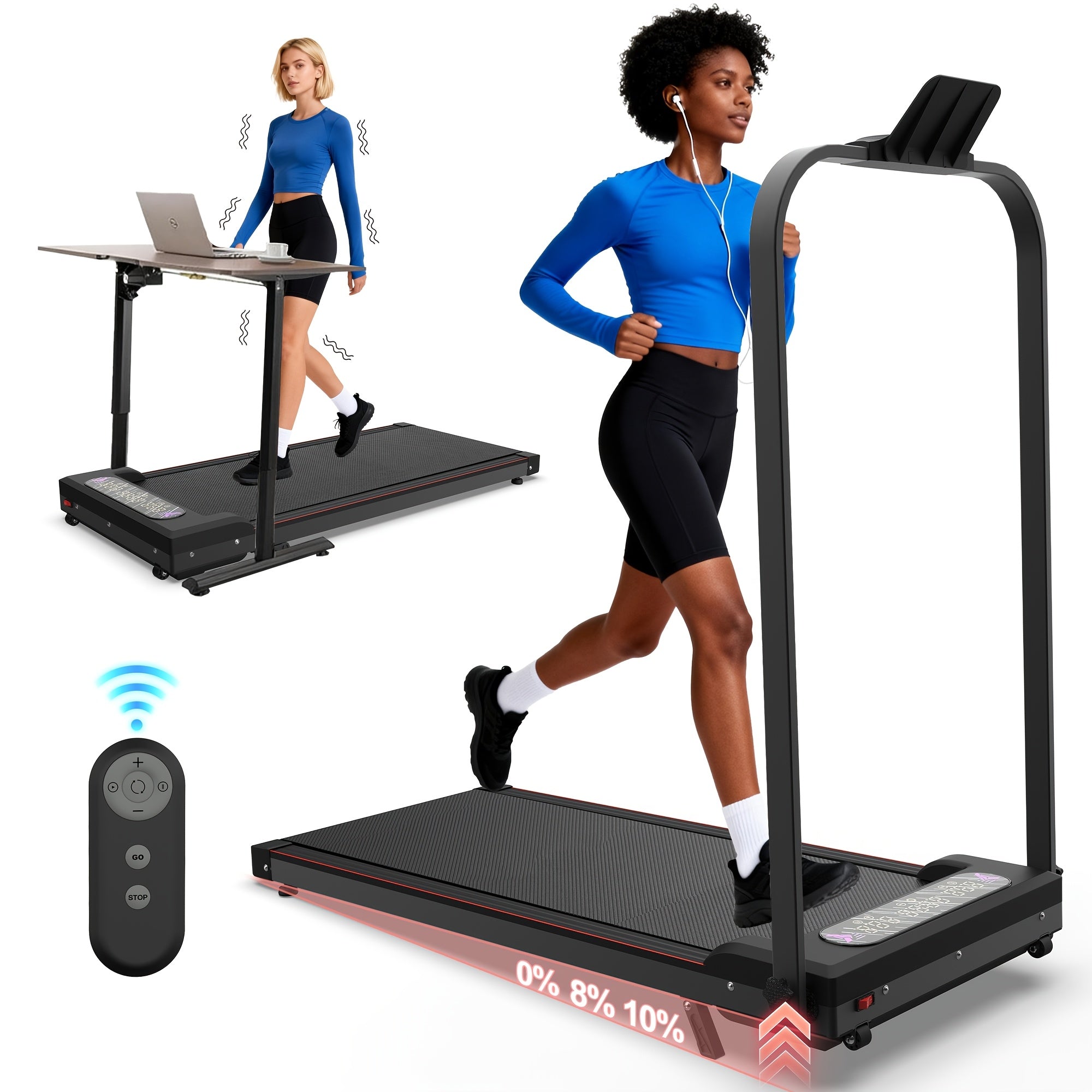 Foldable Treadmill with Handle Bar & Incline, 2in 1 Upgrade Portable Under Desk Walking Pad And Vibration Pad with Remote Control for Home Office Small Spaces