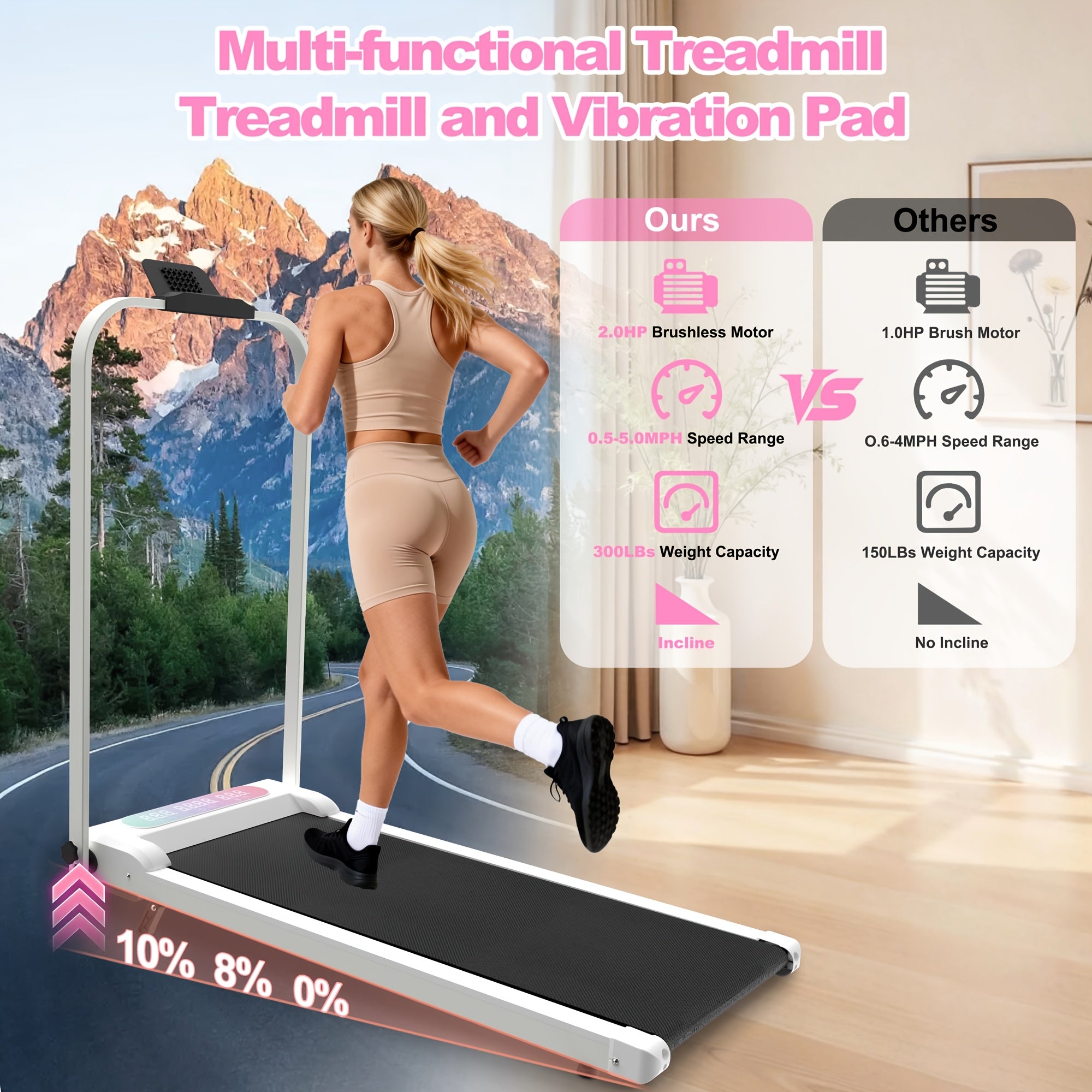 Foldable Treadmill with Handle Bar & Incline, 2in 1 Upgrade Portable Under Desk Walking Pad And Vibration Pad with Remote Control for Home Office Small Spaces