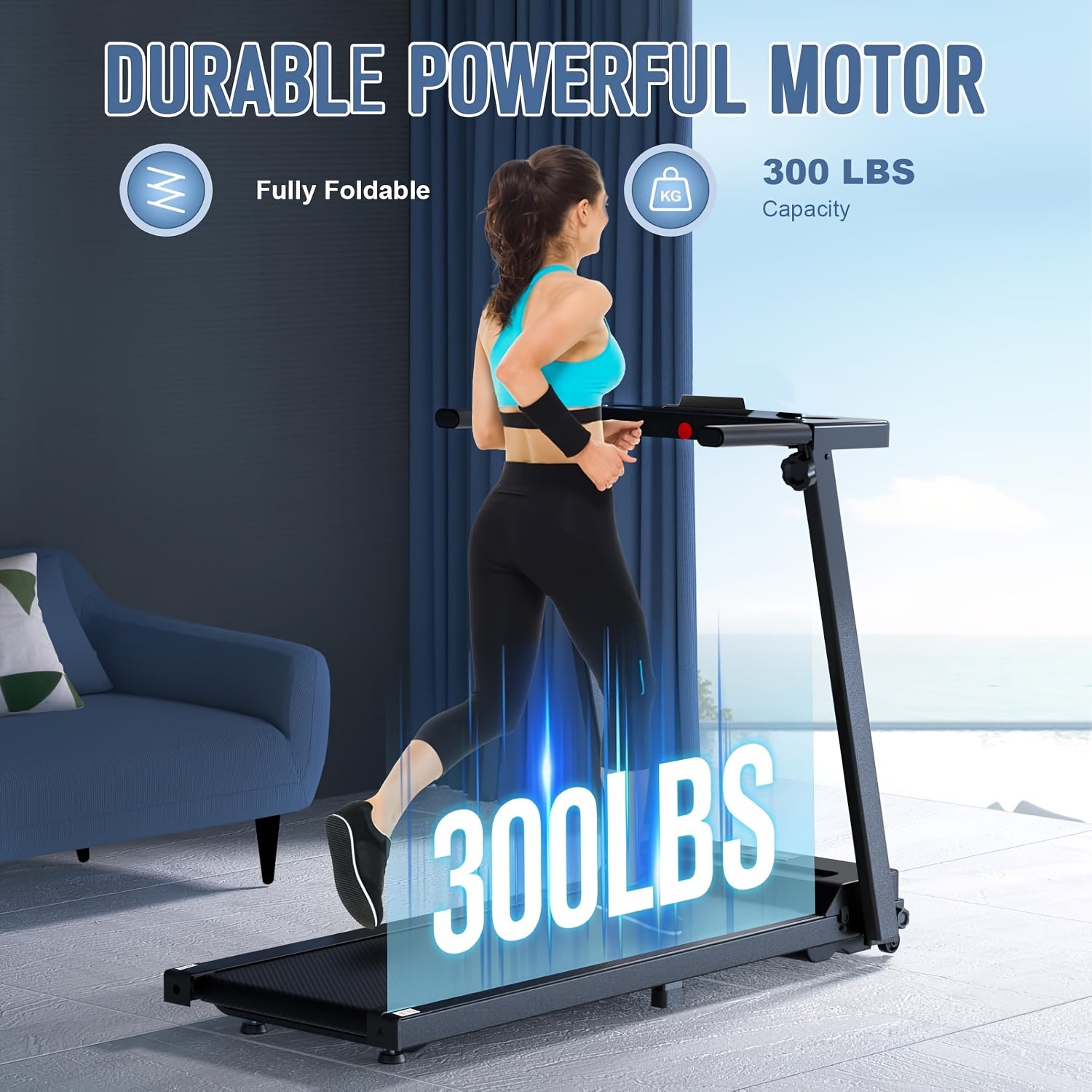 Portable Foldable Treadmill, 3.0 HP Small Treadmills for Home Office with 300 LBS Capacity, Walking Treadmill with Handle Bar, Folding Running Walking Compact Treadmill with LED Display, Without Battery