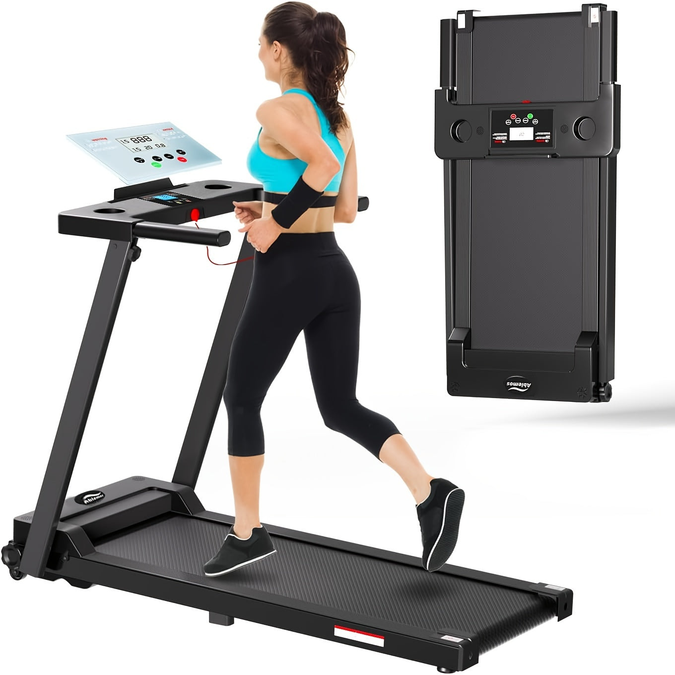 Portable Foldable Treadmill, 3.0 HP Small Treadmills for Home Office with 300 LBS Capacity, Walking Treadmill with Handle Bar, Folding Running Walking Compact Treadmill with LED Display, Without Battery
