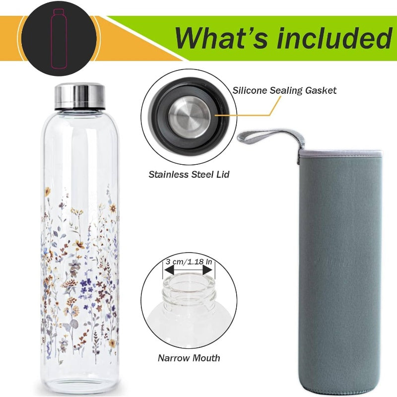 32oz Glass Water Bottle with Stainless Steel Lid & Neoprene Sleeve - Thermal, Leakproof for Hot\u002FCold Drinks, Matte for, Gym, Camping, Outdoor Activities - Durable Hydration Bottle