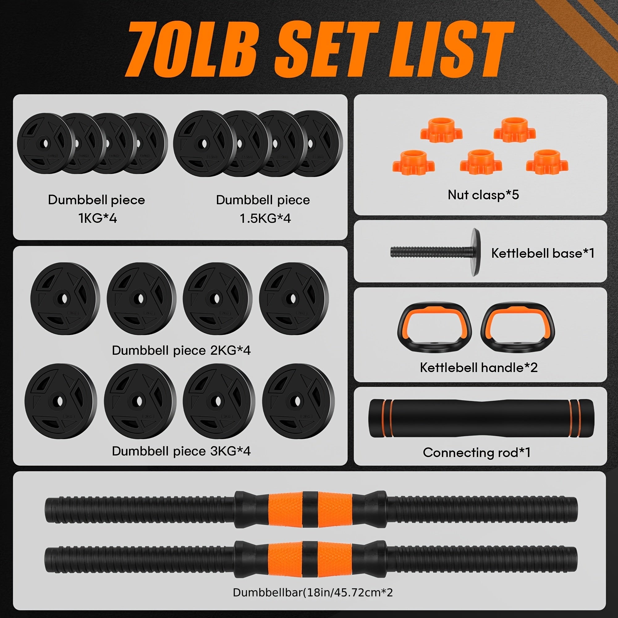 Adjustable Dumbbell Set, 70lbs Free Weight Set with Connector, 4 In1DumbbellsSet Used As Barbell, Kettlebells, Push Up Stand, Fitness Exercises for HomeGymSuitable Menwomen